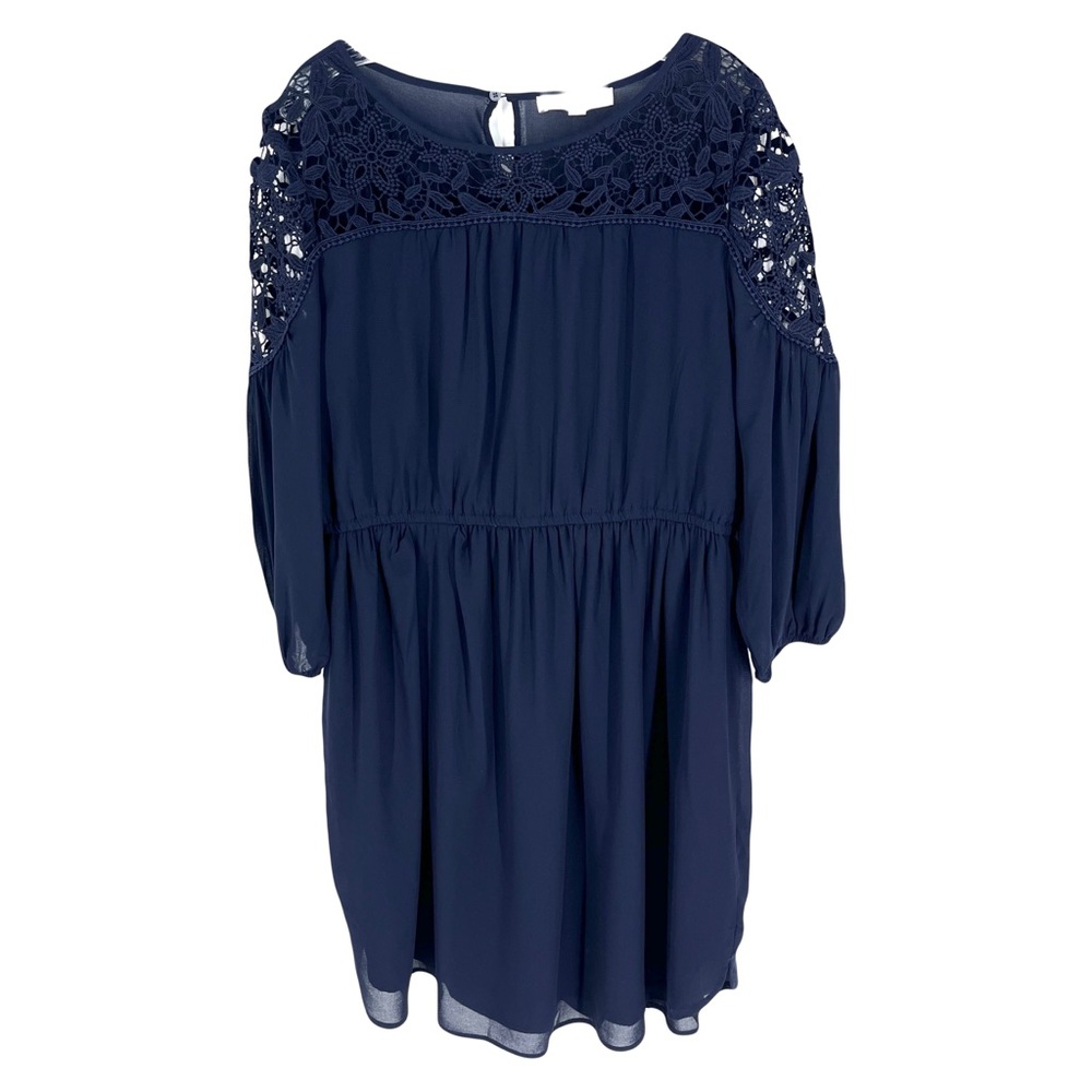 Loft Womens Size L Navy Blue Lace Detail Sheer Bubble Long Sleeve Lined Dress